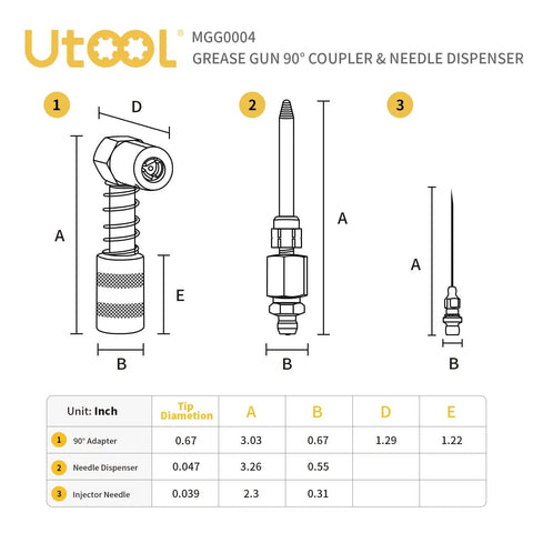 Grease Gun Accessory Kit With 90 Degree Coupler And Needle Nozzle For Hard To Reach Zerk Fittings diagram.