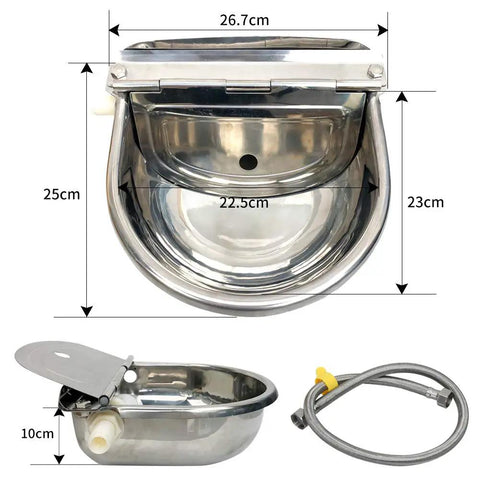 Built Tough Automatic Water Trough For Dogs And Livestock Featuring Rust Proof 304 Stainless Steel Bowl with dimensions 26.7cm x 25cm.
