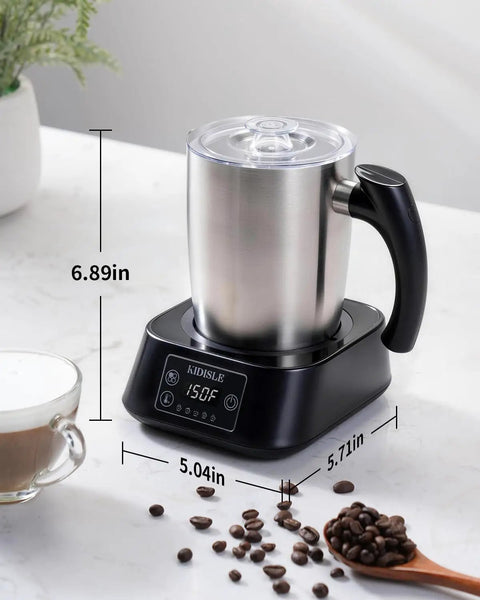 5 In 1 Milk Frother And Steamer With Adjustable Temperature 17 Oz Detachable Frother shown on a countertop with display and handle