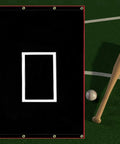 Portable Baseball Batting Backstop 4x6 Ft PVC Vinyl Quick Setup Backdrop on field with bat and ball, black with white target.