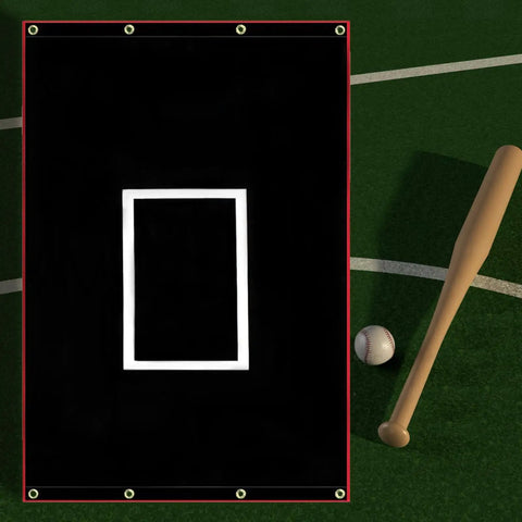 Portable Baseball Batting Backstop 4x6 Ft PVC Vinyl Quick Setup Backdrop on field with bat and ball, black with white target.
