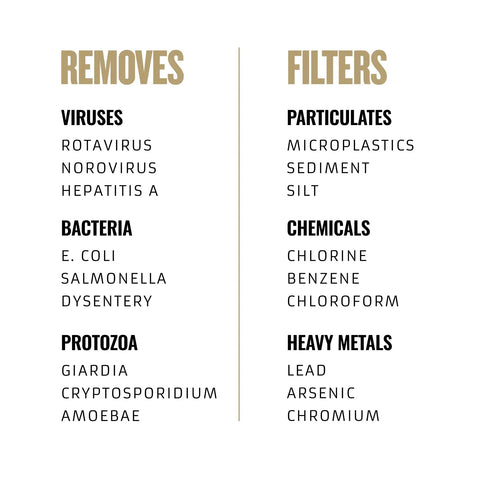 Image showing contaminants removed by the UltraPress Replacement Purifier Cartridge for Portable Water Purifier Bottle Orange.