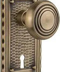 Vintage Vibe Double Dummy Door Hardware Set With Keyhole Deco Knob In Antique Brass, Solid Forged Brass Plates, restoration style.