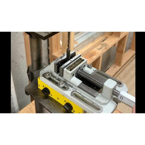 Heavy Duty Drill Press Vise Mount With Switchable Magnets in use on woodworking table, showing T-slot mounts and magnets operation
