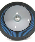 Front view of HD 0800 Air Filter Replacement 29442 99E For Harley Davidson, showing blue high-flow filtration media and central mounting hub.