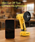 Tough As Nails Compact Three Inch Brushless Circular Saw Slides Right On To Your DeWalt 20 Volt Battery on wood surface next to phone.
