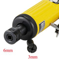 Close-up of No Nonsense 25000 RPM Pneumatic Die Grinder showing 6mm and 3mm collet sizes for precise tool fitting.