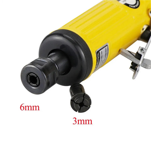 Close-up of No Nonsense 25000 RPM Pneumatic Die Grinder showing 6mm and 3mm collet sizes for precise tool fitting.