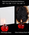Comparison of 8 by 12 inch white PTFE virgin sheet with ordinary plastic, showcasing heat resistance next to flames.