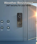 Wireless Battery Powered Doorbell Camera With Chime And Night Vision 1080P HD mounted on wall beside open door, weather icons displayed