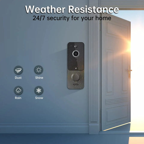 Wireless Battery Powered Doorbell Camera With Chime And Night Vision 1080P HD mounted on wall beside open door, weather icons displayed