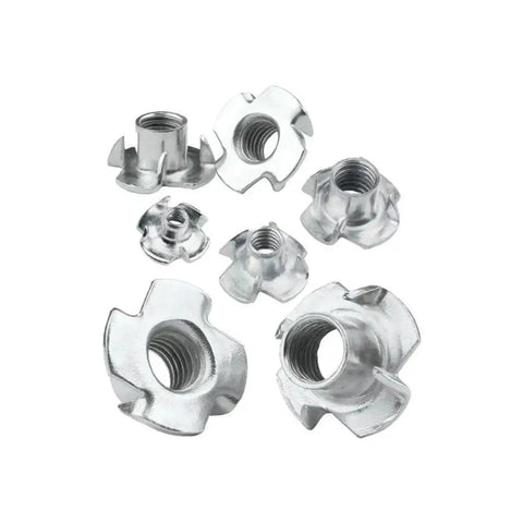 Beefy Four Claw T Nuts M4 To M10 Carbon Steel Blind Pronged Insert for furniture hardware and speaker mounts
