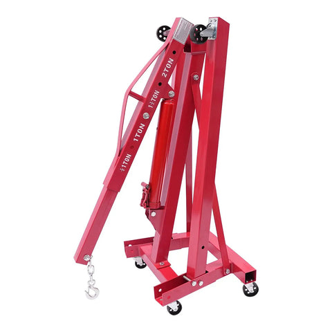Heavy Duty Folding Hydraulic Engine Hoist Stand Built With Hella Tough Carbon Steel And Zero Sweat Operation For Easy Garage Work And Quick Storage Solutions, red color, with foldable structure.