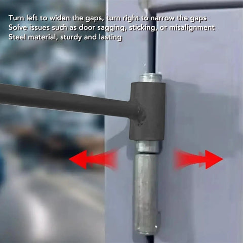 Close-up of Double Head Steel Door Hinge Adjustment Wrench For Fire, Cleanroom And Security Doors in use on a hinge.