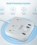 8 In 1 Travel Plug Adapter with USB C and Four USB Ports Three AC Outlets Wall Mountable 5ft Extension Cord on white surface