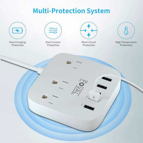 8 In 1 Travel Plug Adapter with USB C and Four USB Ports Three AC Outlets Wall Mountable 5ft Extension Cord on white surface