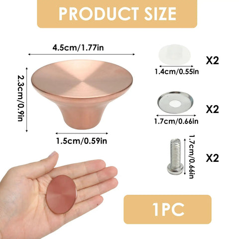 Sweet Upgrade Solid Stainless Steel Dutch Oven Knob Handle dimensions shown next to hand for scale, premium rose gold finish.