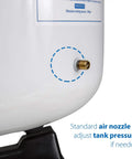 Close-up of air nozzle on Pressurized Water Storage Tank For Reverse Osmosis Systems With Ball Valve, Four Gallon Capacity, White Finish