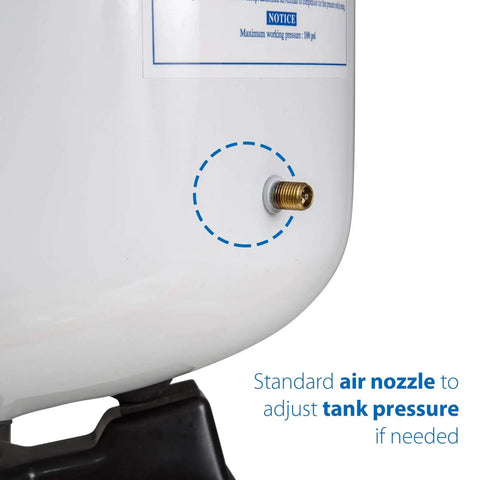 Close-up of air nozzle on Pressurized Water Storage Tank For Reverse Osmosis Systems With Ball Valve, Four Gallon Capacity, White Finish