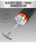 Grease gun end close-up showing HORUSDY chrome plunger rod, curved nozzle, and black/orange grip.
