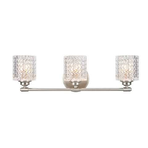 Three Light Metal Bathroom Vanity Wall Light Fixture, 24 Inch Wide, Brushed Nickel Finish With Clear Glass Shades, UL Listed