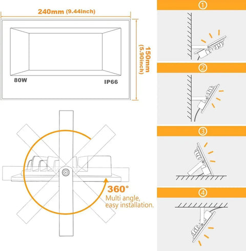 Outdoor LED Flood Light 8000 LM RGB Color Change With Bluetooth Smart App Control DIY Scene Plus 23 Modes Warm White 2700K IP66 Waterproof Landscape Lighting Two Pack Dope Setup installation diagram