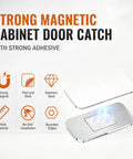 Strong magnetic cabinet door catch with adhesive, 8 Pack Cabinet Magnets For Closure And Magnetic Door Catch, Ultra Thin 2mm Stainless Steel Adhesive Cabinet Latch, No Drill Invisible Catch For Kitchen, Bathroom, And Home Storage Easy Install, showing magnet icons and features.
