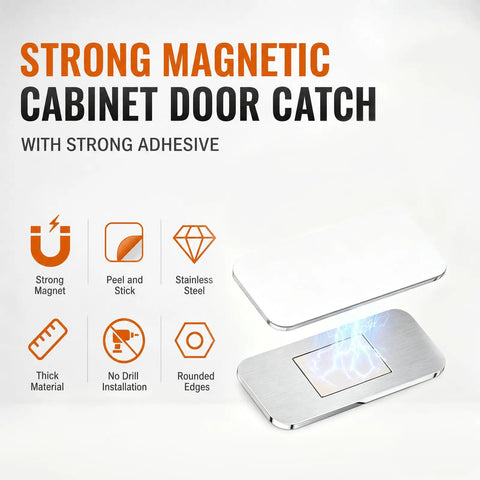 Strong magnetic cabinet door catch with adhesive, 8 Pack Cabinet Magnets For Closure And Magnetic Door Catch, Ultra Thin 2mm Stainless Steel Adhesive Cabinet Latch, No Drill Invisible Catch For Kitchen, Bathroom, And Home Storage Easy Install, showing magnet icons and features.