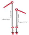 Titanium Alloy Quick Release Skewer Lever For Mountain And Road Bikes, red color, 105mm front, 145mm rear, side view with measurements