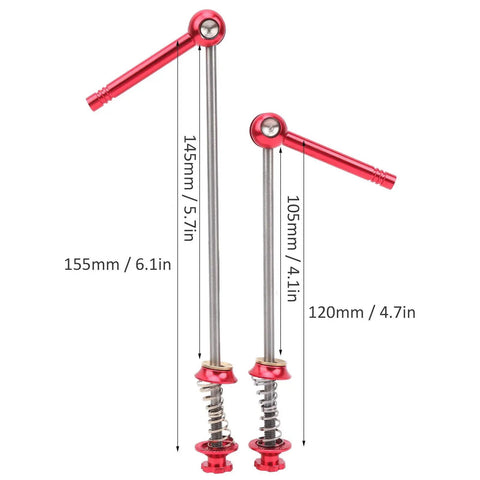 Titanium Alloy Quick Release Skewer Lever For Mountain And Road Bikes, red color, 105mm front, 145mm rear, side view with measurements