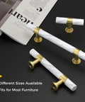Ten Pack Center Mount Cabinet Knobs And Barrel Drawer Pulls In Matte Black With Gold Accents, different sizes, marble look.