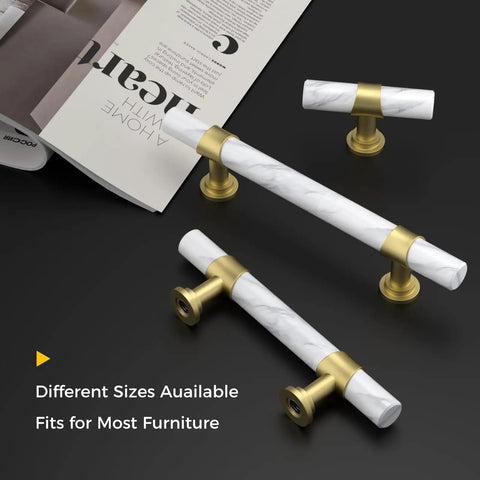 Ten Pack Center Mount Cabinet Knobs And Barrel Drawer Pulls In Matte Black With Gold Accents, different sizes, marble look.