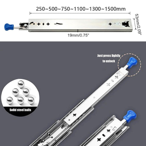 Locking Telescopic Drawer Runners With Full Extension For Cabinets And Cupboards Heavy Duty Metal Slides in blue lock handle