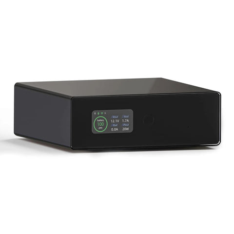 Smart UPS 150W LiFePO4 Battery Backup for NAS and mini PC with remote app control, front view with display, 57.6Wh battery, 3000 cycles