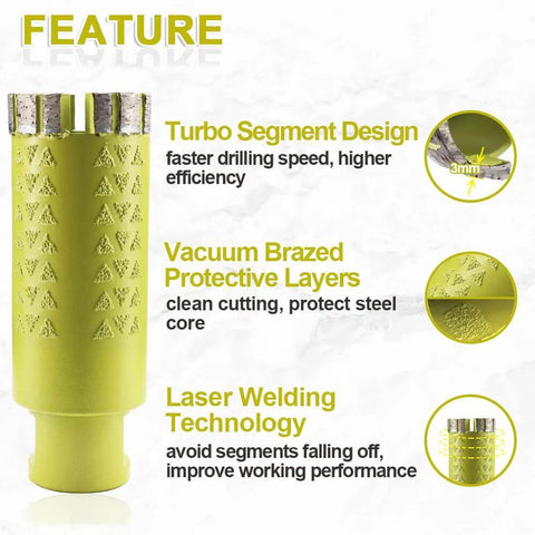 Front view of a yellow 2-inch diamond core drill bit with laser-welded hole saw for granite, marble, quartz.
