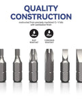 Super Cool 100 Piece Screwdriver Bit Kit With Cr-V Steel, Phillips Slotted Hex Torx Star Tamperproof And More For Drills And Impact Drivers To Crush Any Home Project Or Repair Job Out There Today. six Cr-V screwdriver bits on white background