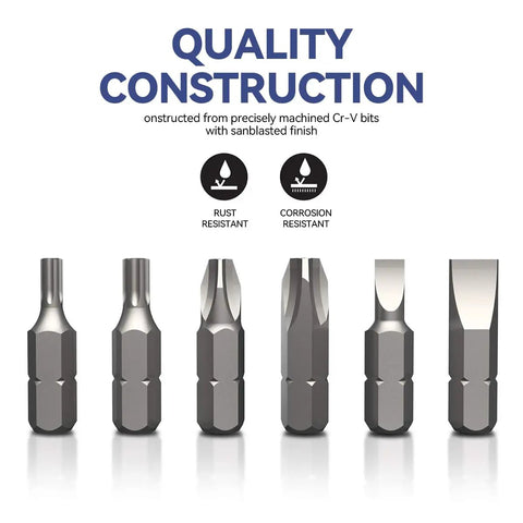 Super Cool 100 Piece Screwdriver Bit Kit With Cr-V Steel, Phillips Slotted Hex Torx Star Tamperproof And More For Drills And Impact Drivers To Crush Any Home Project Or Repair Job Out There Today. six Cr-V screwdriver bits on white background