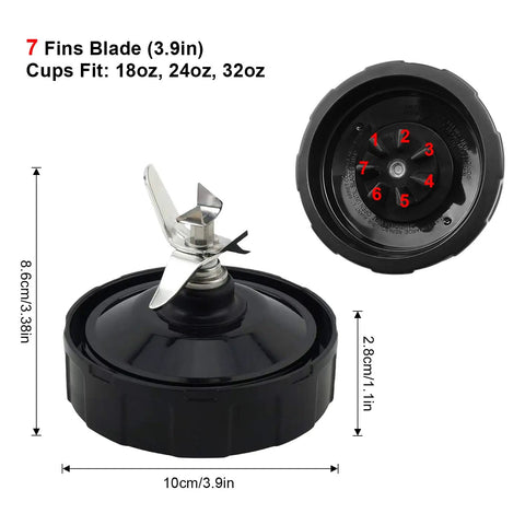 7 Fins Blender Blade Replacement Kit Pro Grade With Silicone Gasket Ring for Auto iQ Series, top and side view.
