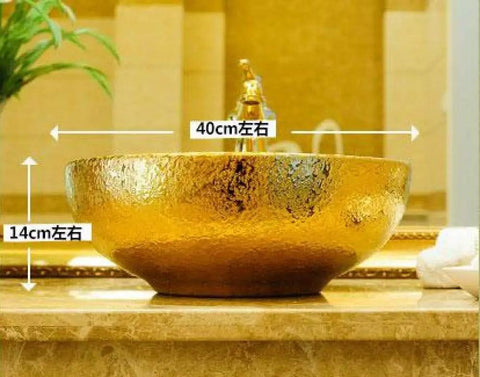 USZWBY Bathroom Vessel Sink, Countertop Basin Round Sink Bathroom Sink Hotel Art Sink Bathroom Sink in gold, 40cm round, 14cm high.