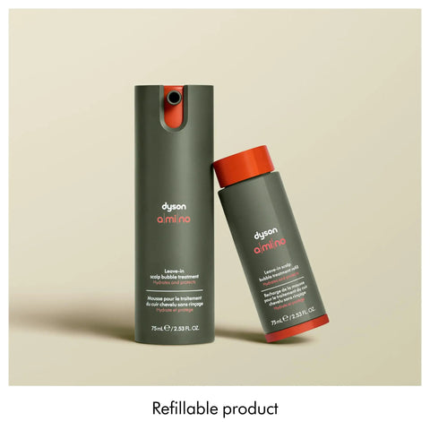 Amino11 Leave-In Scalp Bubble Treatment bottles with 75mL size and refillable design, enhancing scalp barrier and hair strength.