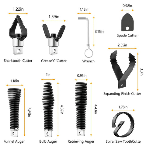 16 Piece Drain Snake Drill Attachment Heavy Duty Drain Auger Cutter Kit with various specialized heads for effective plumbing.