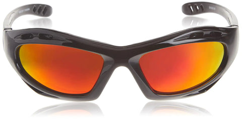 Front view of Shade 5 Mirrored Safety Glasses With Pro Grade Shatterproof Lenses and black frame with mirrored red-orange lenses