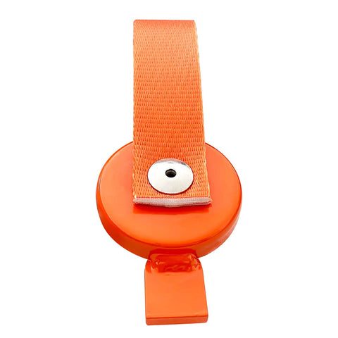 Orange round trailer brake lockout device with nylon strap and metal snap rivet
