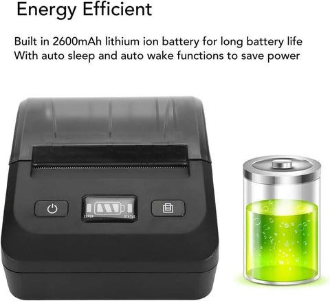 No Sweat Portable Thermal Receipt Printer, 80MM Width, 2600mAh Battery with battery status indicator and power buttons.
