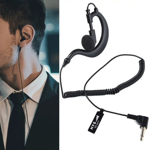 Listen Only 3.5mm G Shape Earbud Earpiece With Over Ear Hook For Two Way Radios MP3 CD Players And More shown worn by man