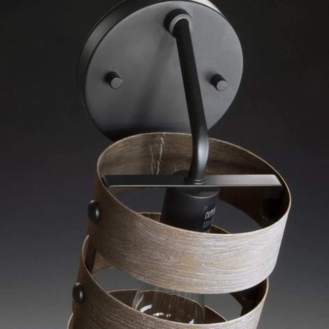 Close-up of Gulliver Sconce Graphite Finish with Embossed Wood Grain Metal Banding Dual Tone Rustic Modern Farmhouse Style.