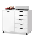 Five Drawer Wood Storage Cabinet With Wheels And Adjustable Shelf, Printer Stand For Home Office, White Modern Organizer