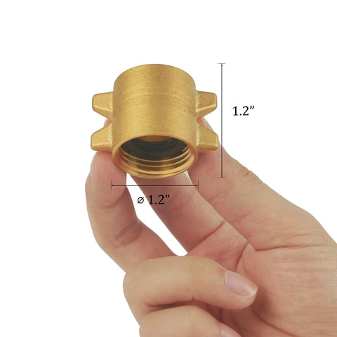 Two Pack Garden Hose Female To Female Adapters With Dual Swivel Brass Three Quarter Inch GHT Connectors For Male Hoses, Heavy Duty Hose Couplers With Extra Washers, No Fuss Quick Connect, Built To Last brass hose adapter in hand, 1.2 in