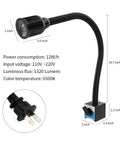 1320 Lumen LED Magnetic Work Light with flexible gooseneck, 12W power, 6500K color temperature, magnetic base, and plug detail