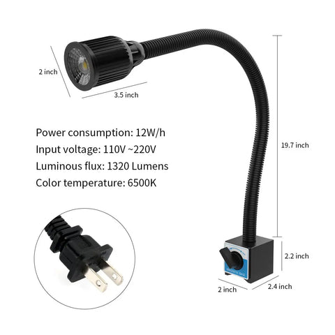 1320 Lumen LED Magnetic Work Light with flexible gooseneck, 12W power, 6500K color temperature, magnetic base, and plug detail